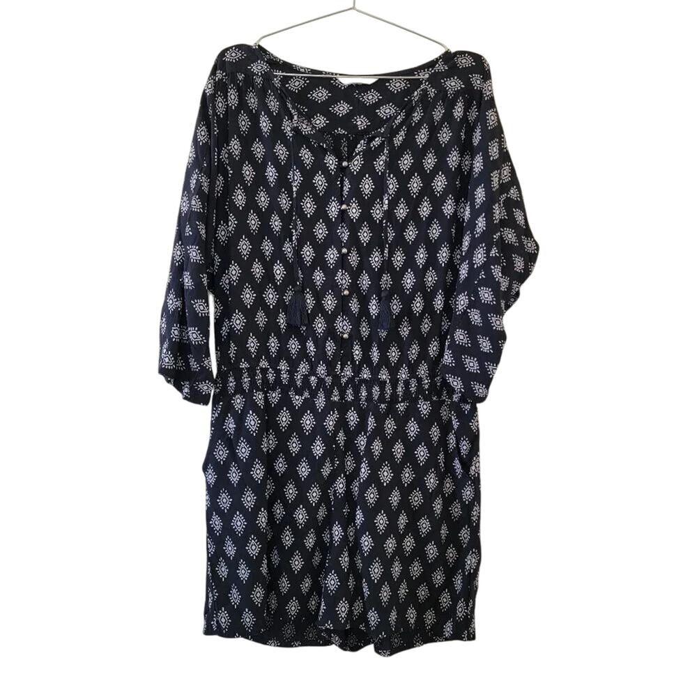 Garnet Hill Remi Draped Romper Womens Size L Black White Print Tassel Tie Neck
